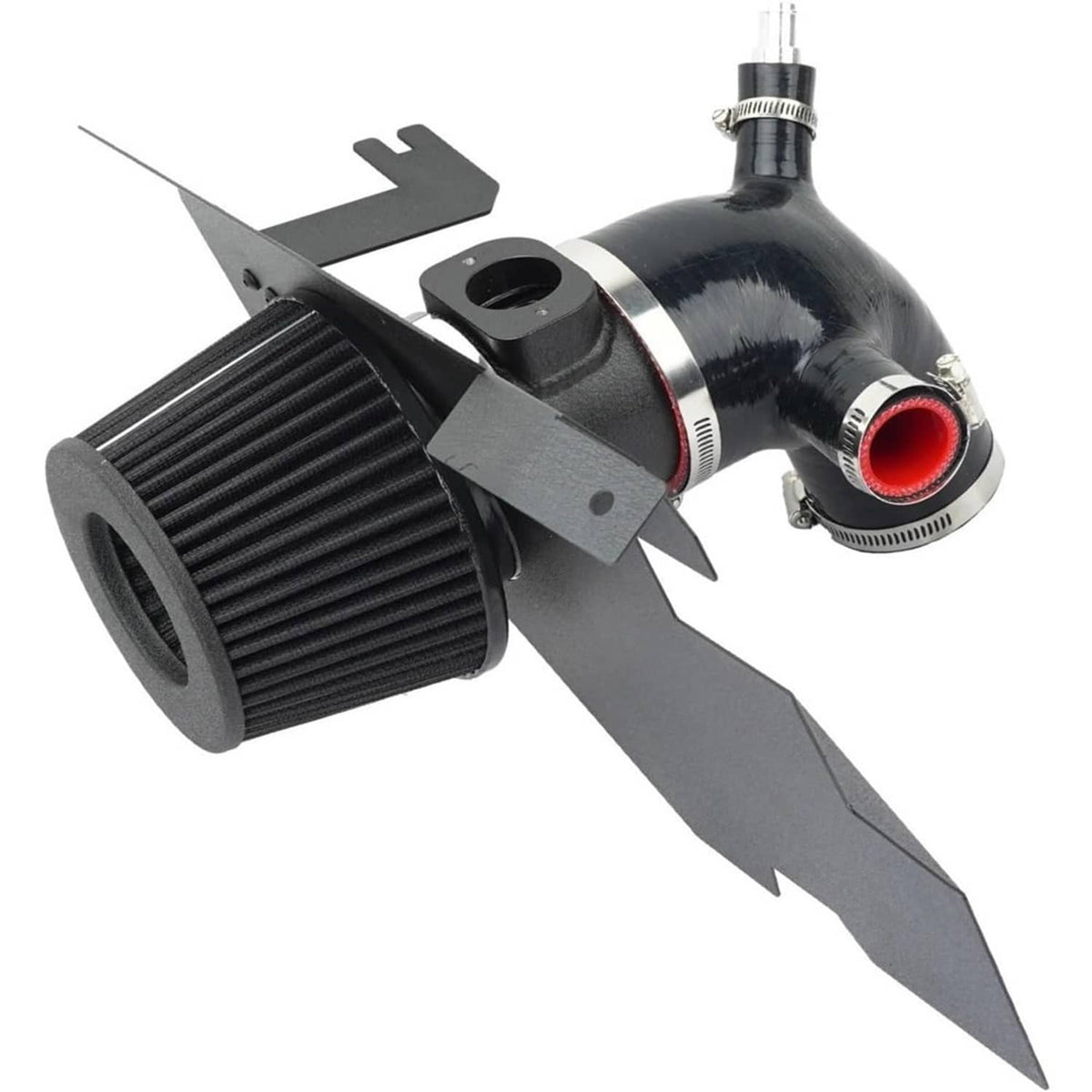 Black cone air filter and intake pipe with red coupler on cold air intake kit