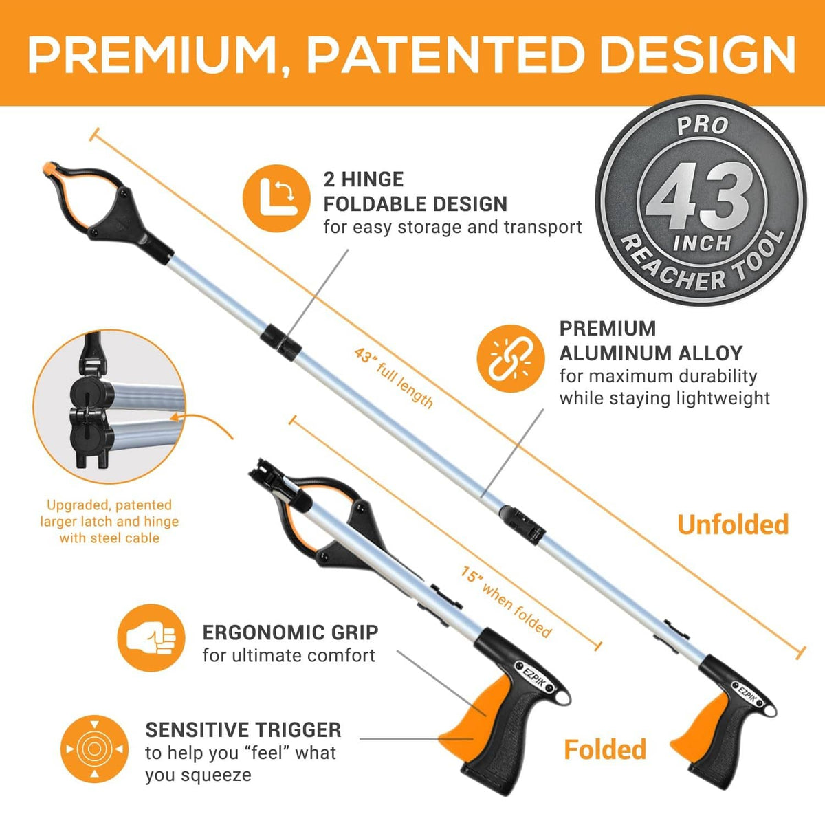 Foldable 43-inch grabber reacher tool shown folded and unfolded for storage