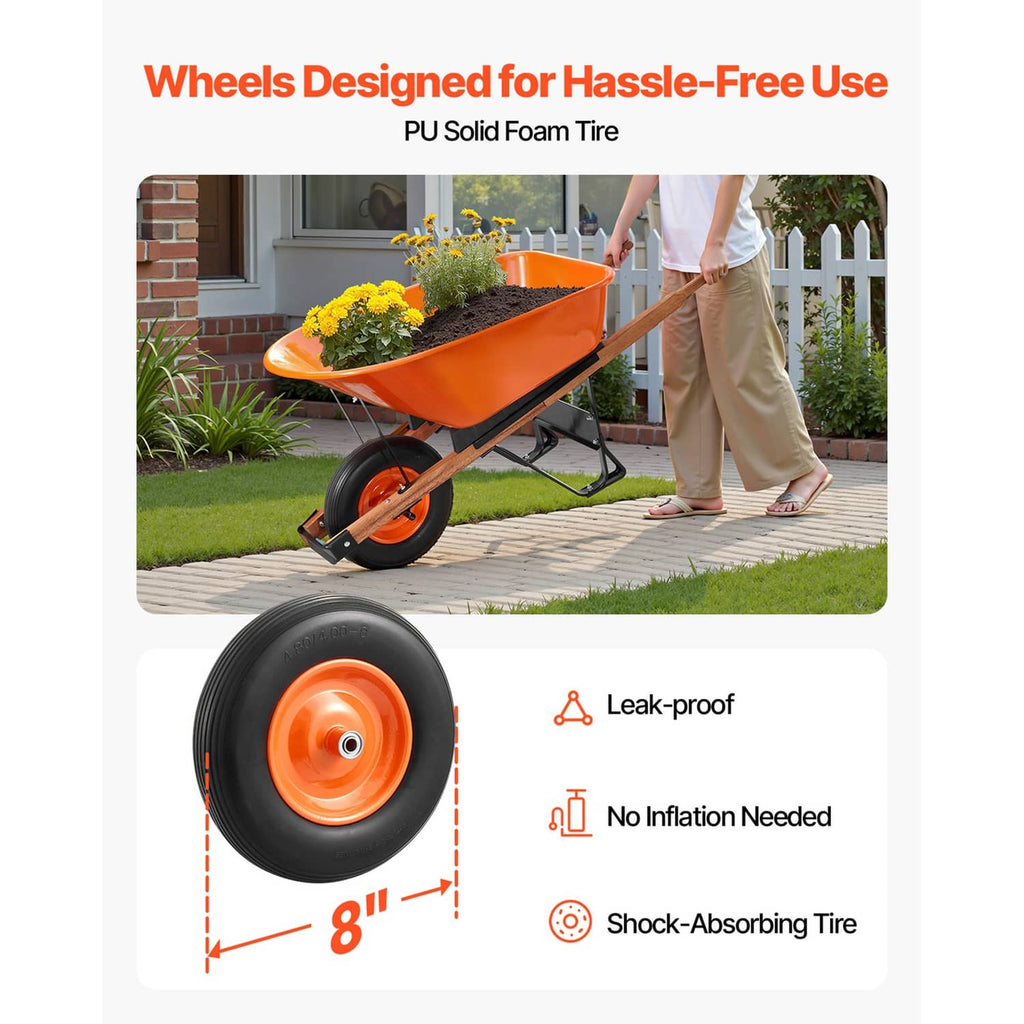 Orange utility wheelbarrow cart with one orange wheel and wooden handles