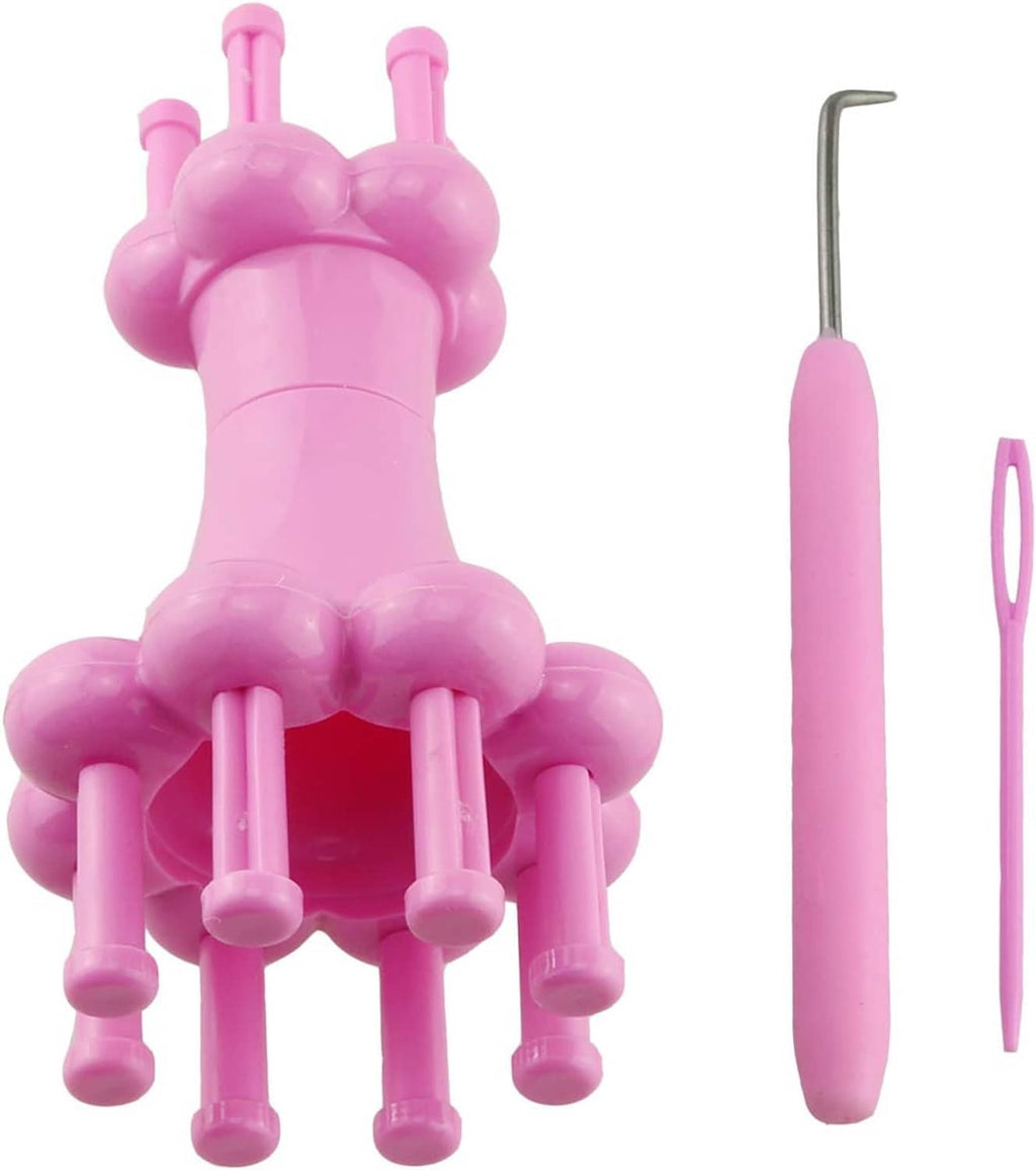 Pink knitting loom tool set with metal hook and plastic yarn needle, side view