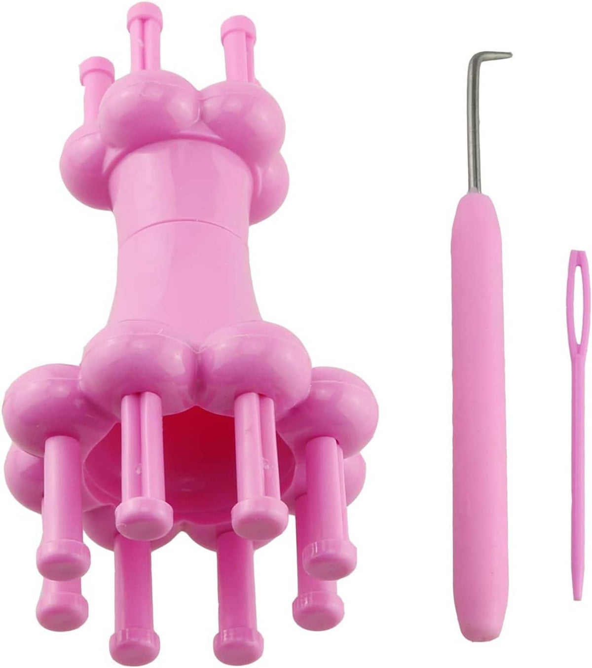 Pink knitting loom tool set with metal hook and plastic yarn needle, side view
