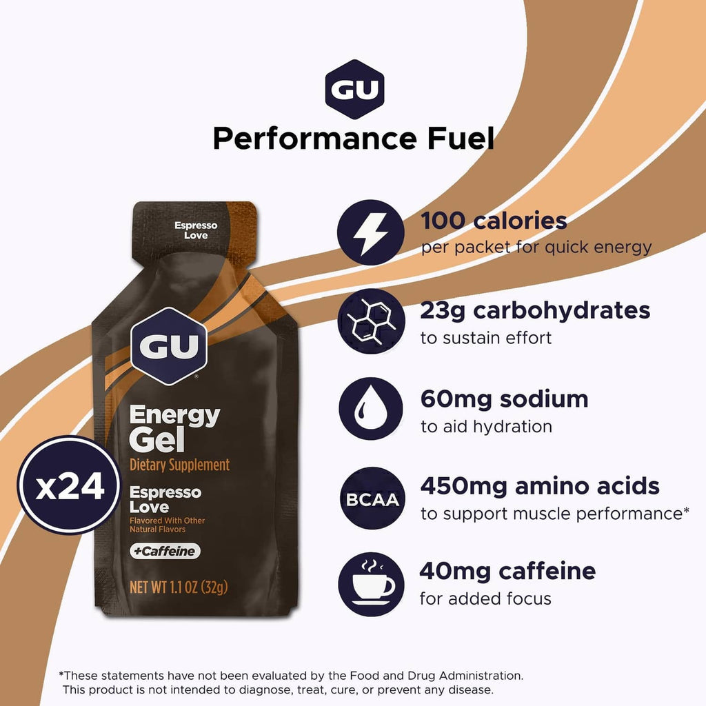 GU Energy Gel x24 pack with performance fuel highlights: 100 calories, 40 mg caffeine