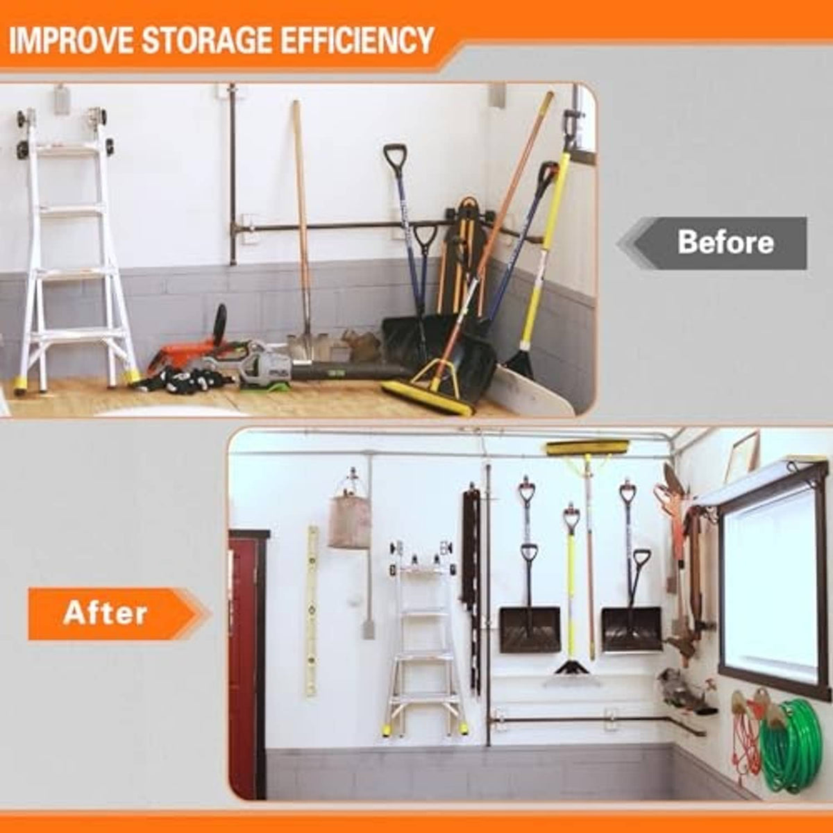 Orange and black U-hook garage hooks mounted on wall for organized tool storage.
