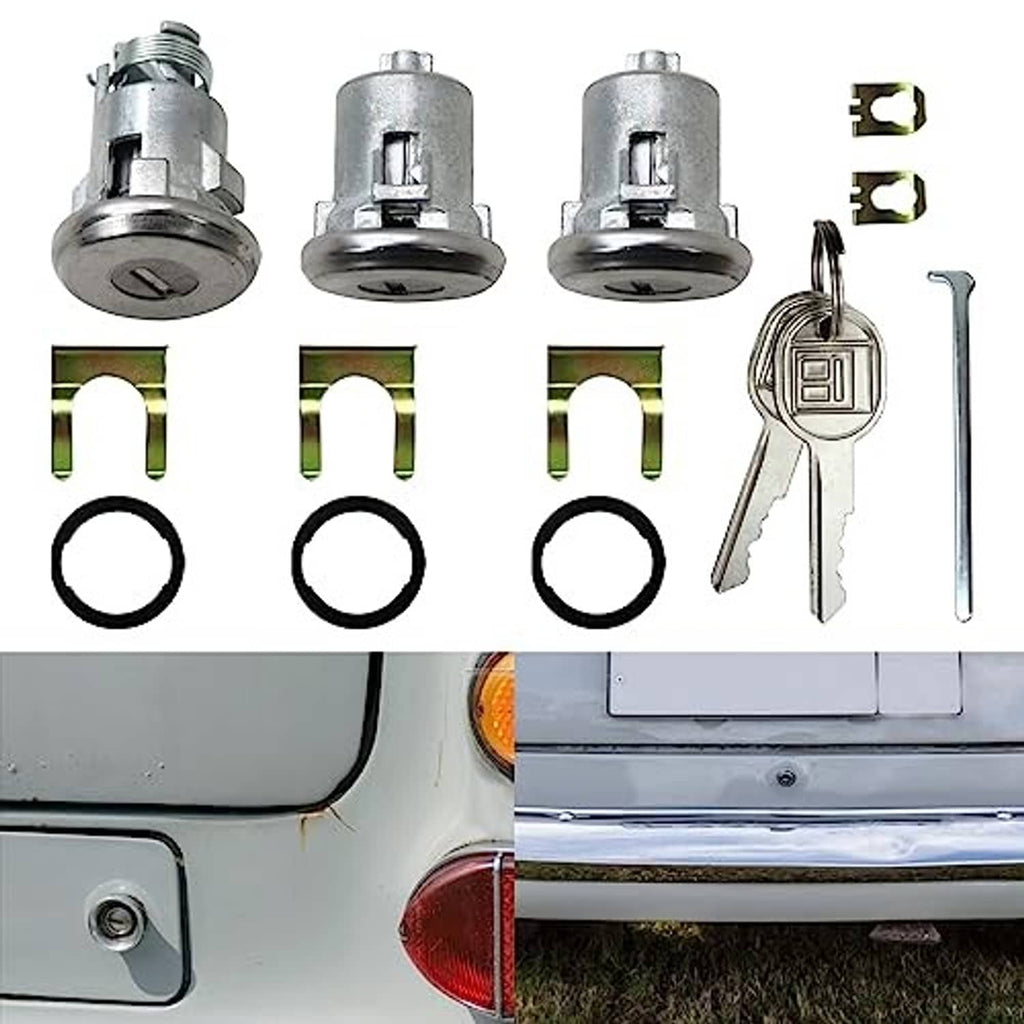 Door lock cylinder key set with three cylinders, keys, mounting clips, and O-rings