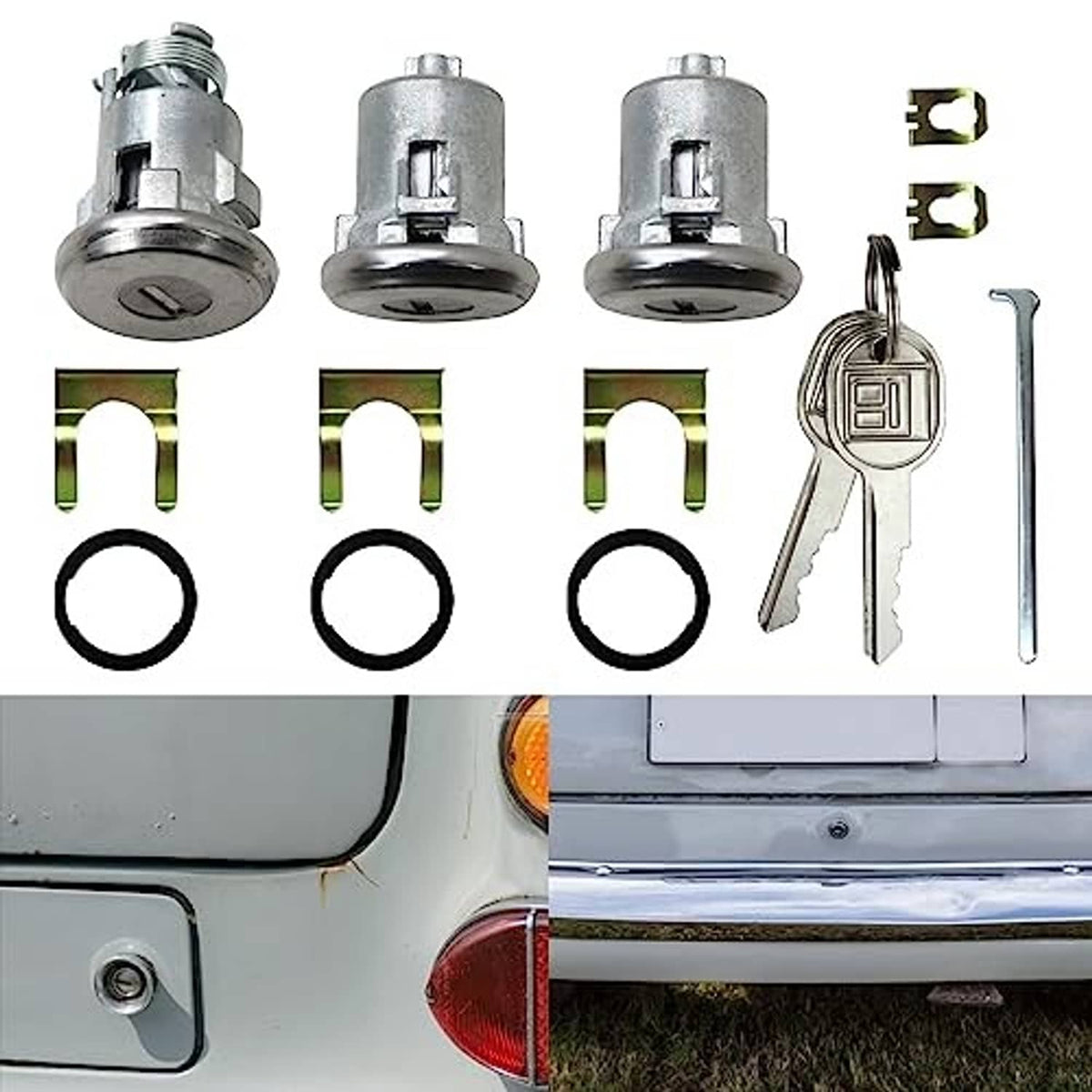 Door lock cylinder key set with three cylinders, keys, mounting clips, and O-rings