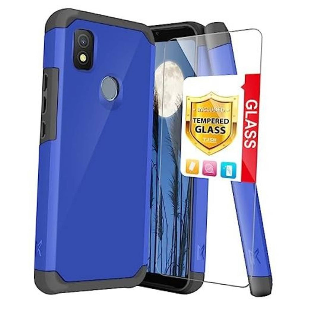 Blue rugged phone case with clear tempered glass screen protector and camera cutout.