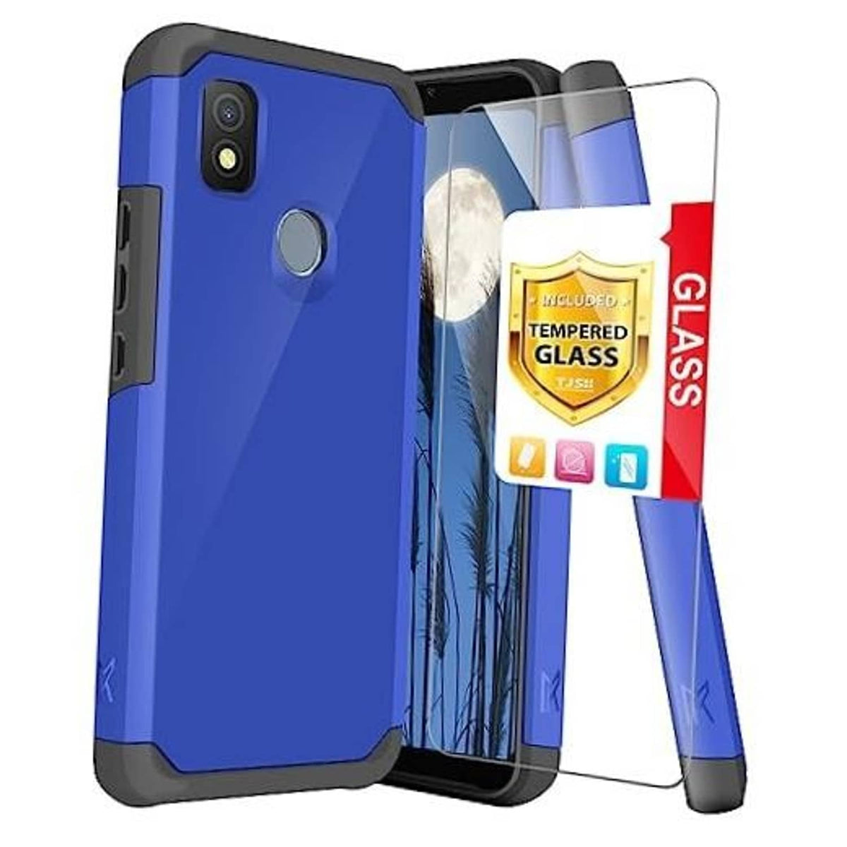 Blue rugged phone case with clear tempered glass screen protector and camera cutout.