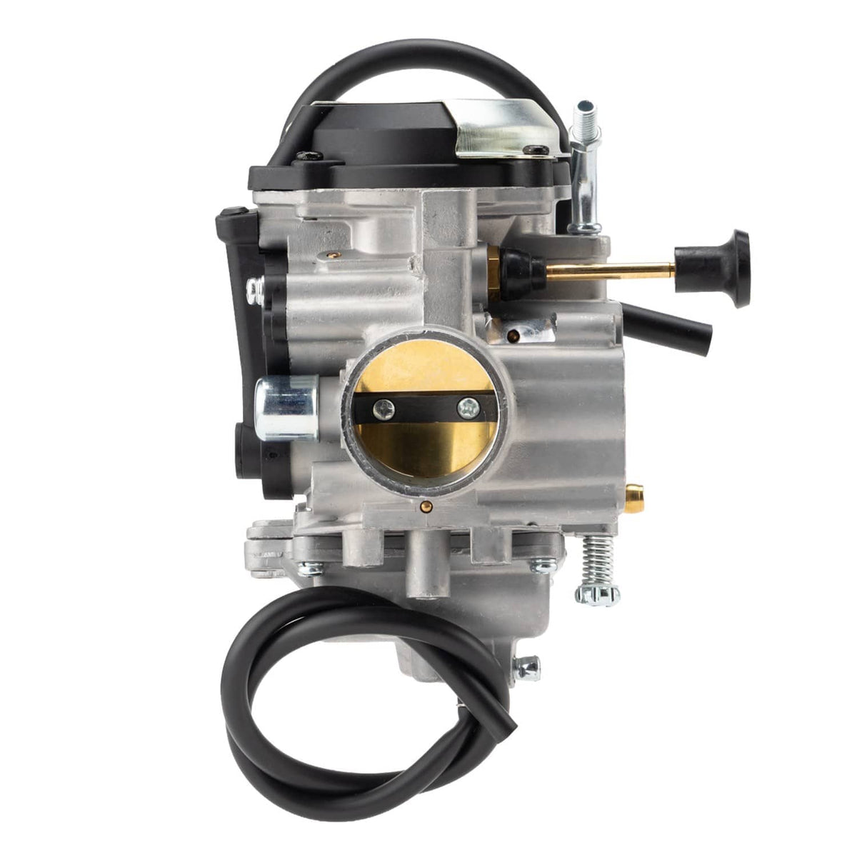 Front view of an ATV carburetor assembly with brass throttle bore and black hoses