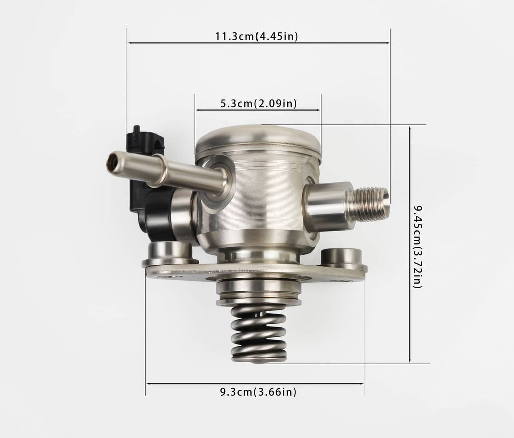 High-pressure fuel pump with coil spring and side inlet/outlet fittings, shown with dimensions