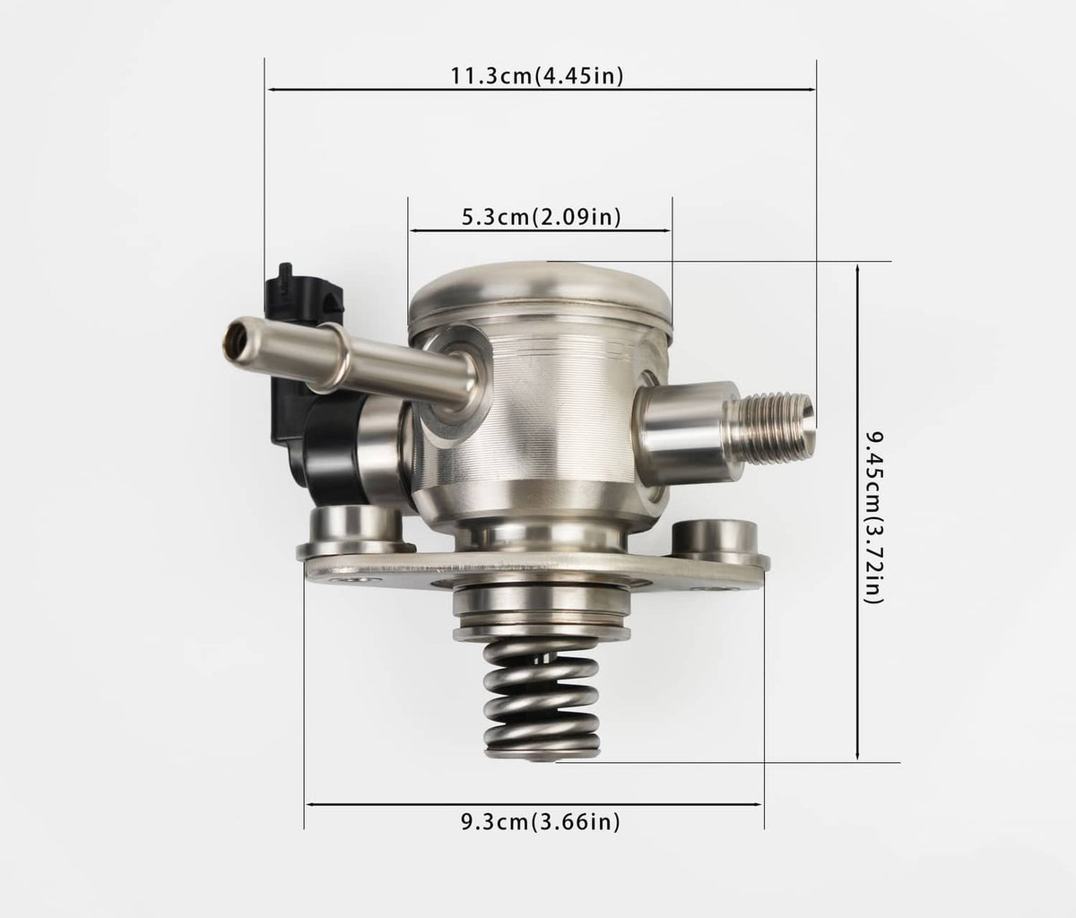 High-pressure fuel pump with coil spring and side inlet/outlet fittings, shown with dimensions