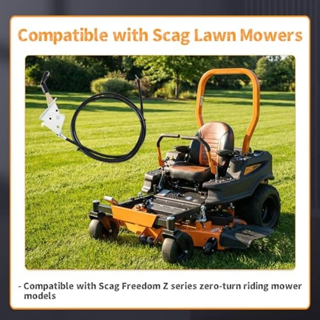 Throttle control cable with lever installed on an orange zero-turn mower