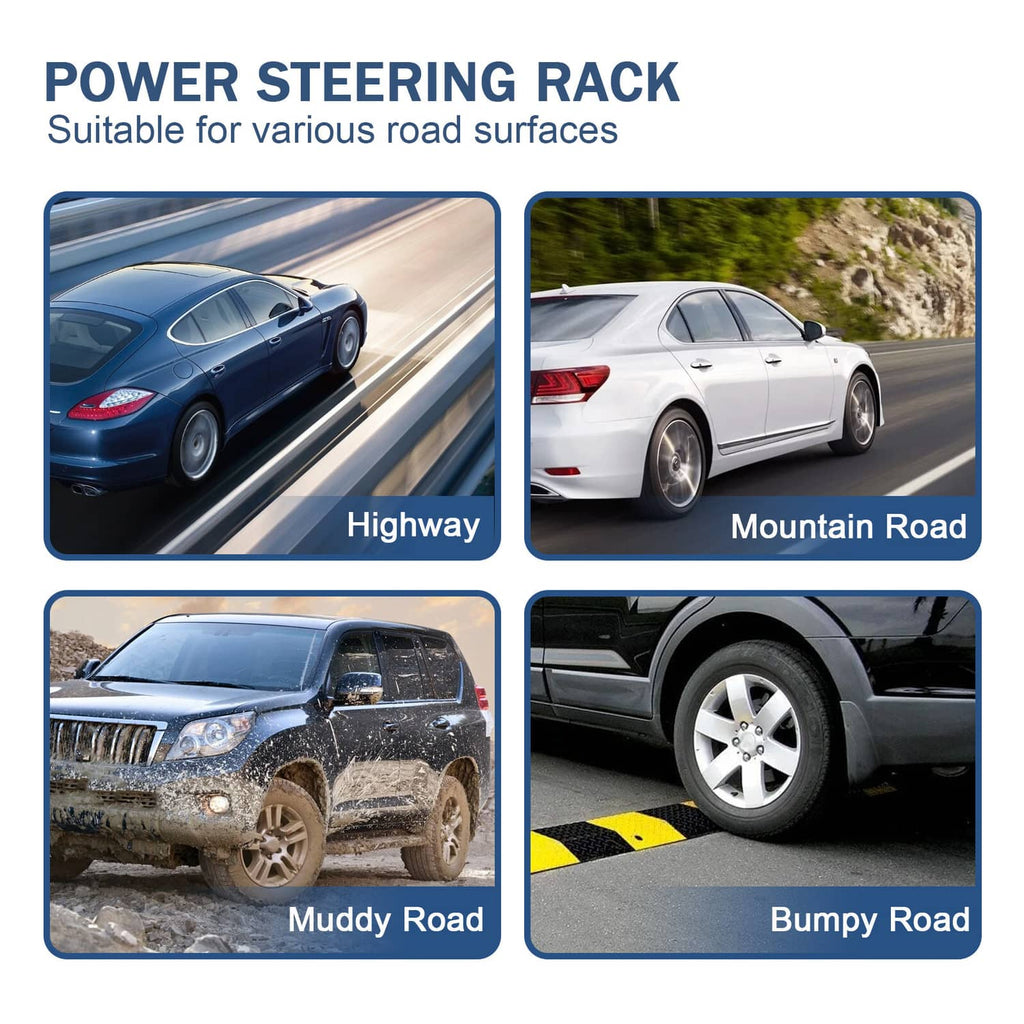 Power steering rack assembly with black rubber boots and silver pinion housing