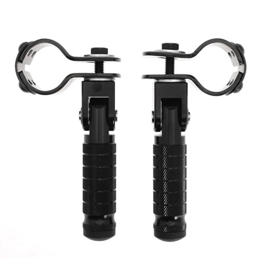 Black motorcycle footrest pair with textured grips and U-shaped mounting clamps