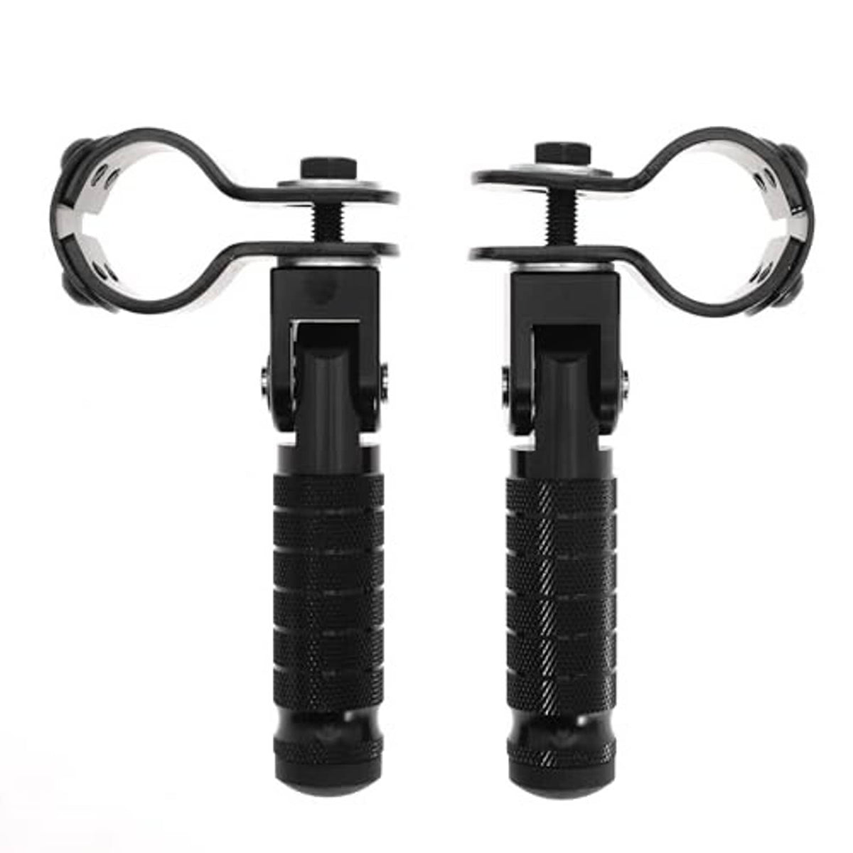 Black motorcycle footrest pair with textured grips and U-shaped mounting clamps