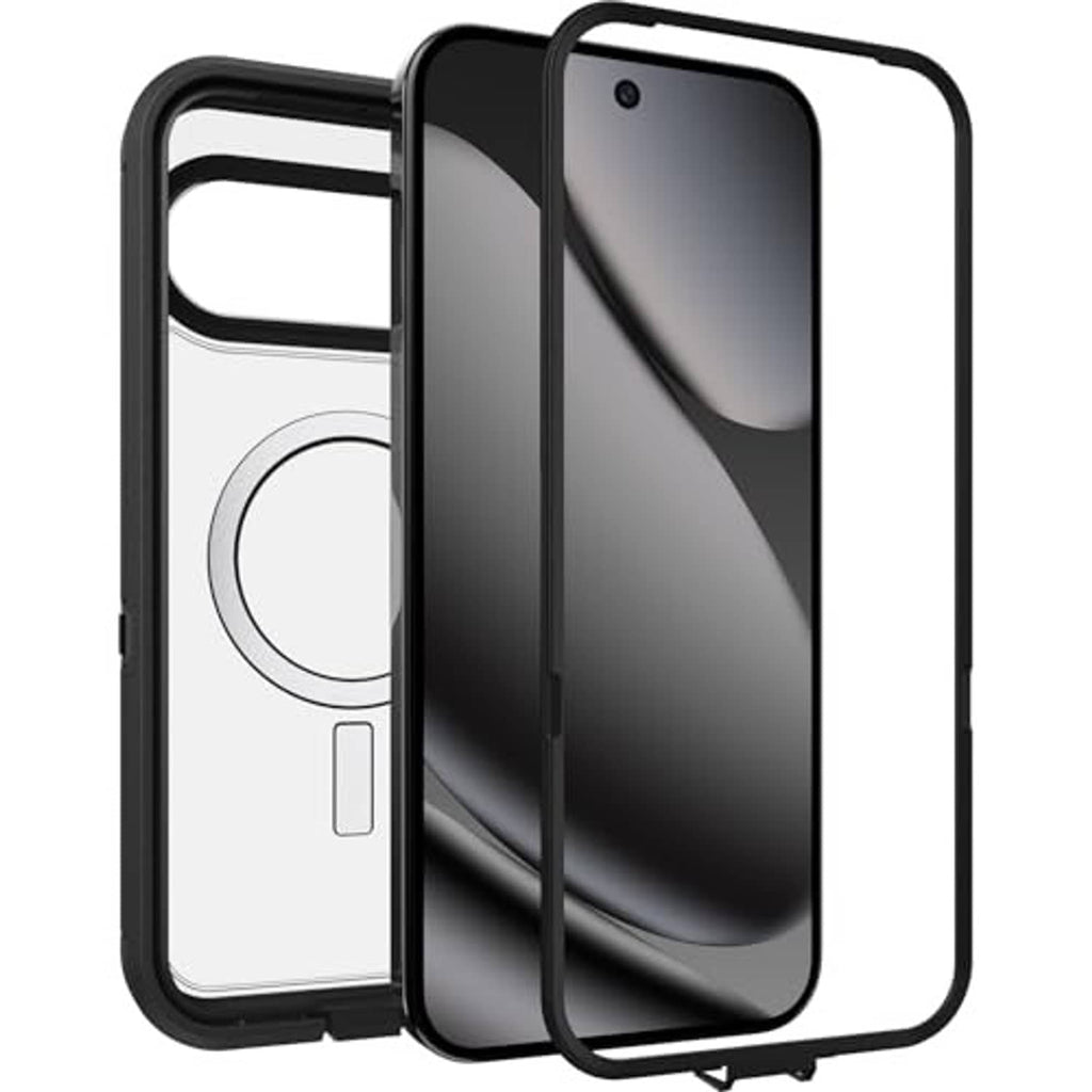 Dark black phone case shown from multiple angles with camera cutout for Pixel 10 Pro XL.