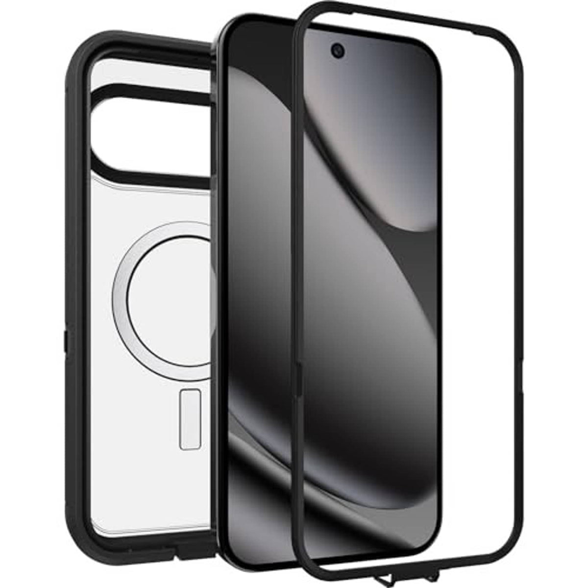 Dark black phone case shown from multiple angles with camera cutout for Pixel 10 Pro XL.