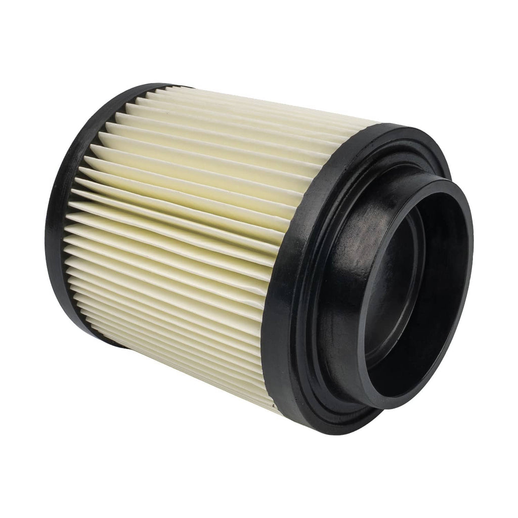 Cylindrical air filter with pleated paper element and black rubber end caps