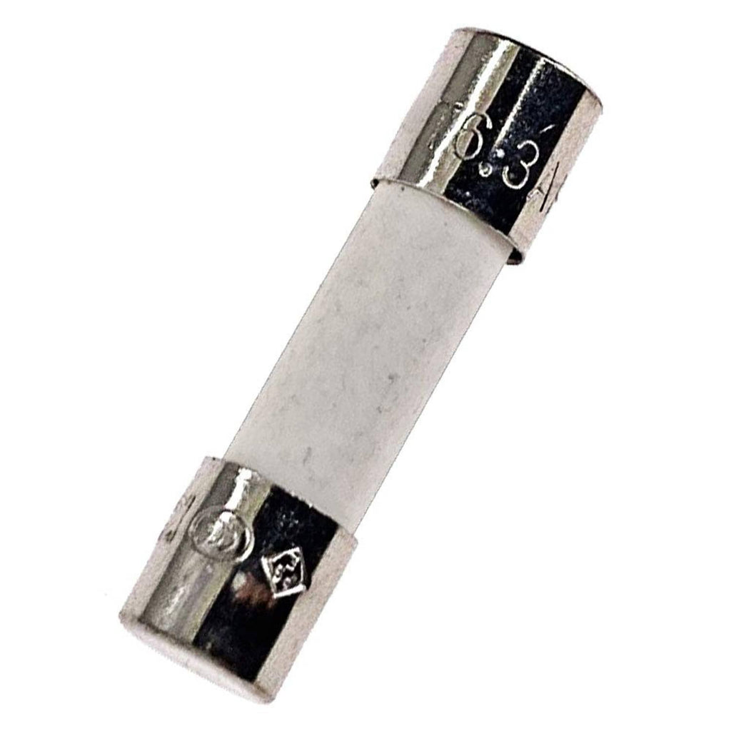Ceramic fuse 5x20mm with metal end caps, marked 6.3.