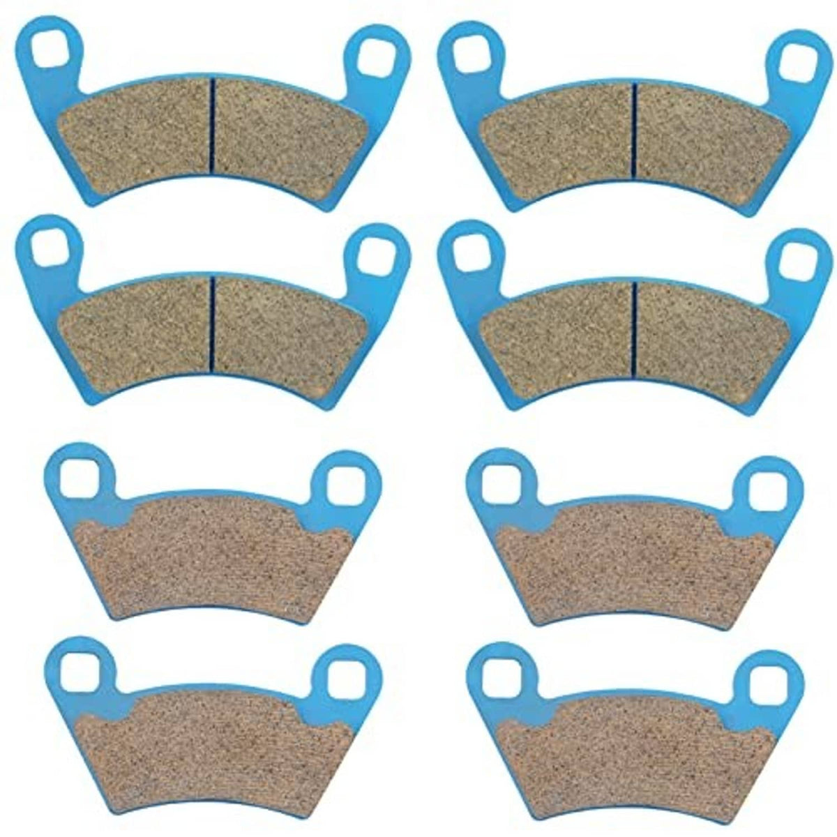 Ceramic brake pads set, multiple pieces with blue backing and brown friction inserts