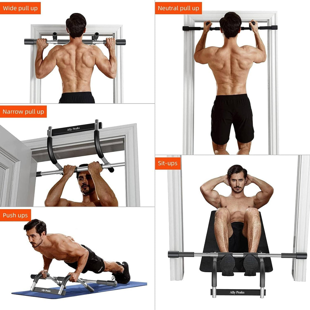 Doorway pull up bar with foam grips shown for wide pull-up, neutral pull-up, push-up