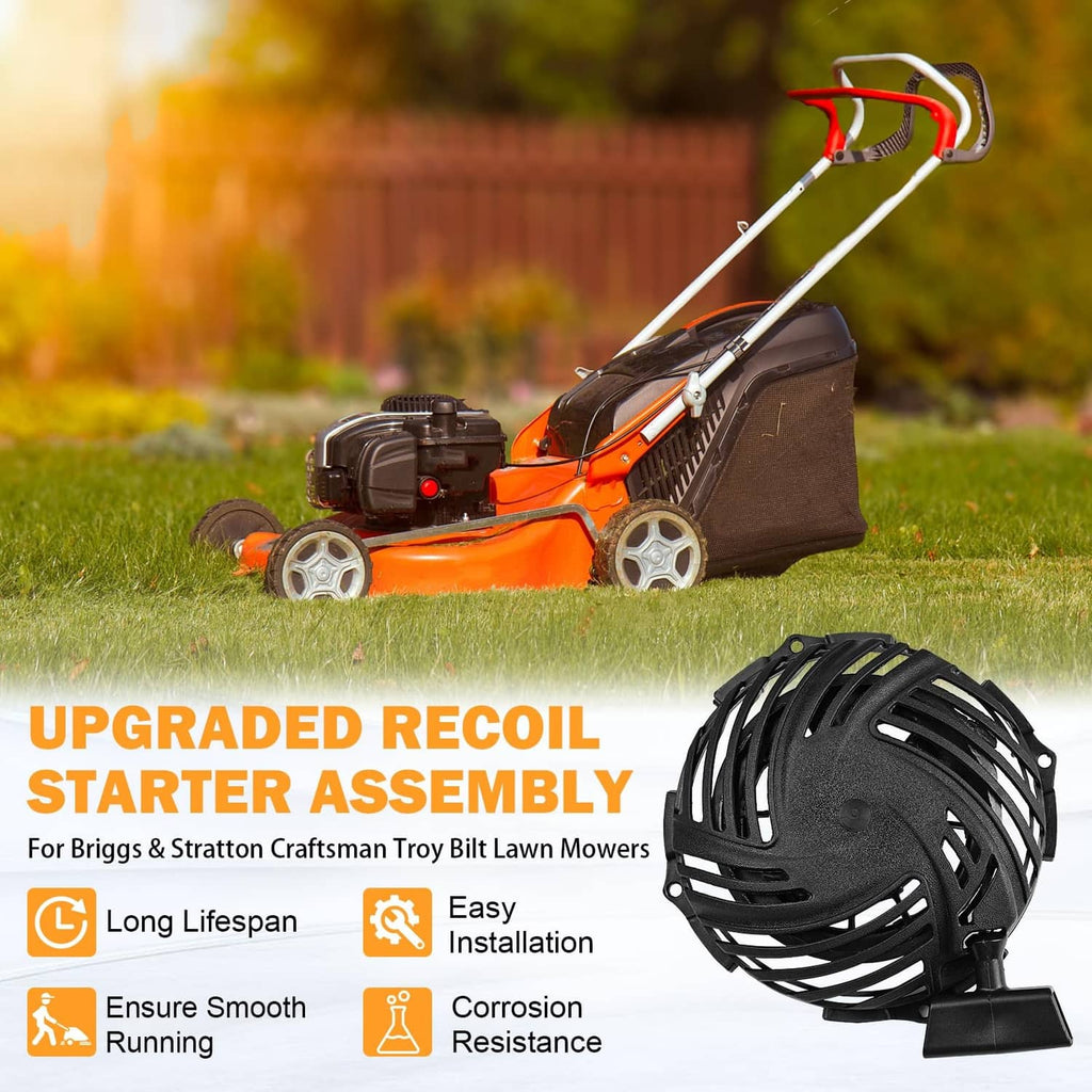 Black recoil starter assembly on a lawn mower, with pull cord housing