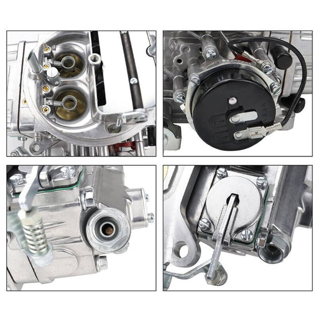 Carburetor detail close-ups showing throttle bores, ports, and mounting area