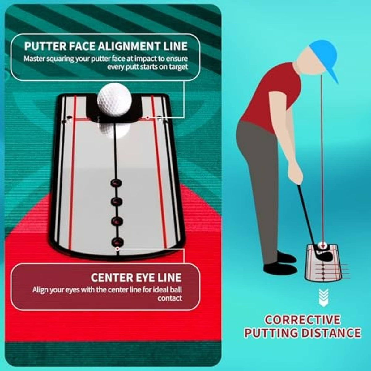 Green putting mat with center line and alignment gate diagram for practice