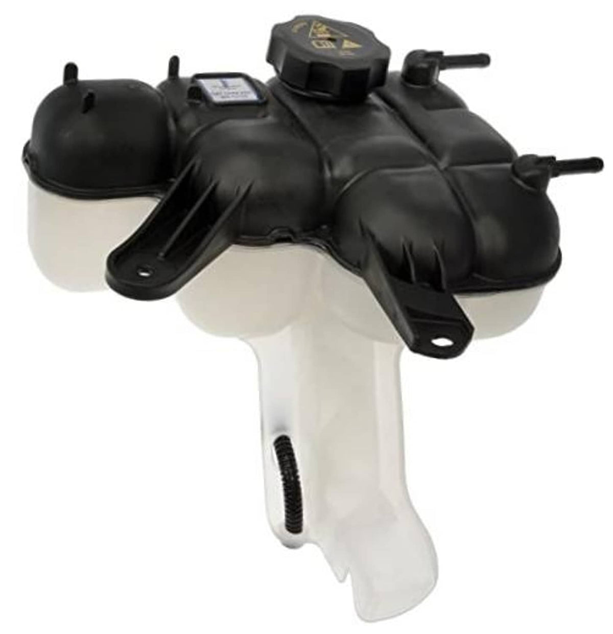 Black pressurized coolant reservoir with cap, molded bracket, and two hose connection ports