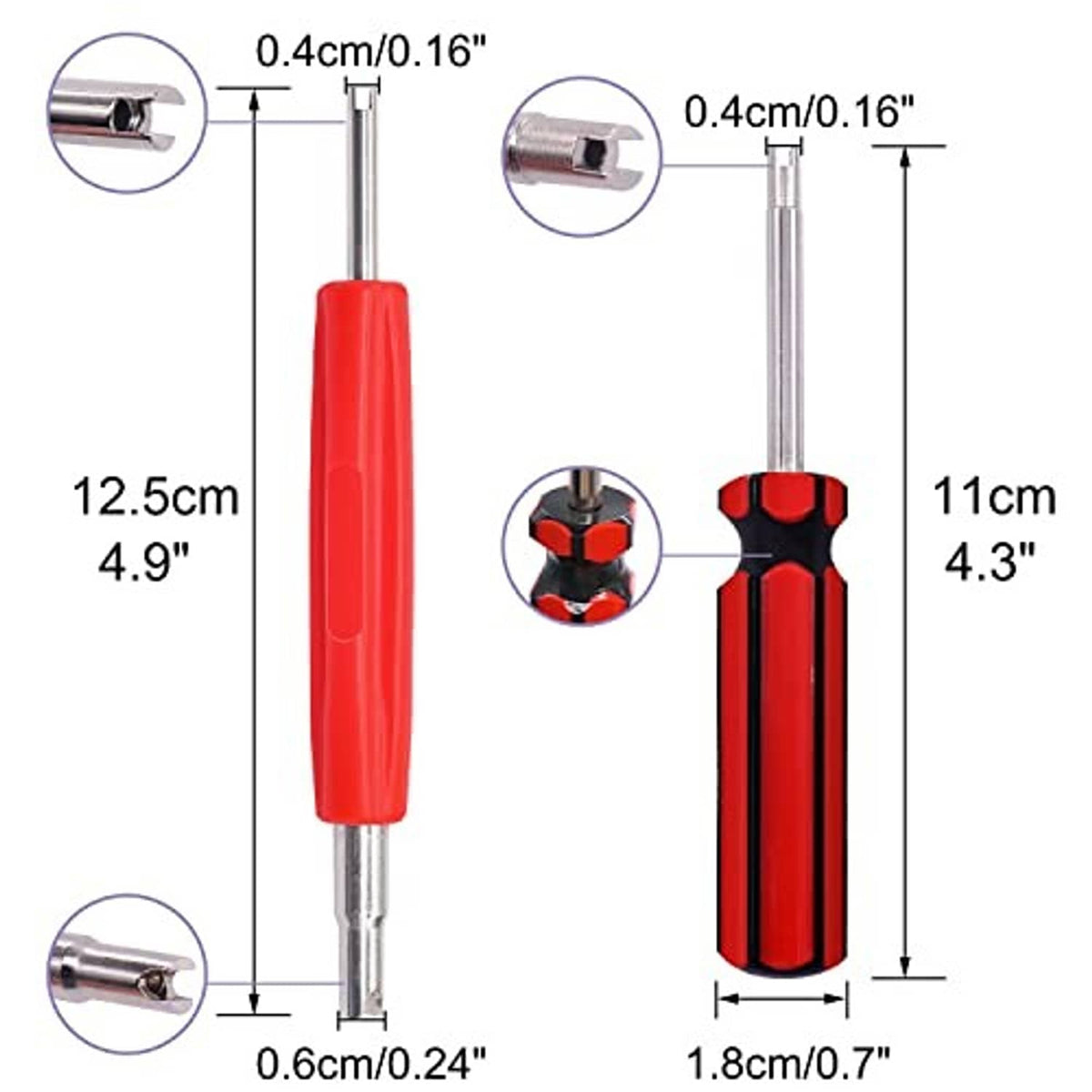 Red and black valve core remover tool with tall handles and metal head tips