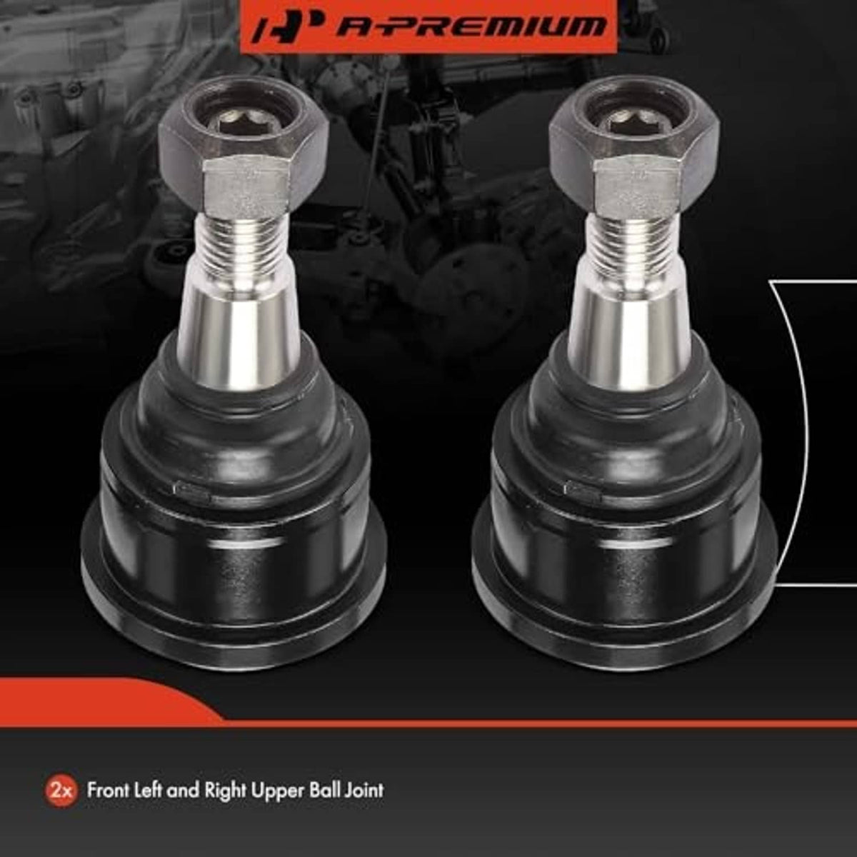 Two front upper ball joints (left/right) with black boots and silver threaded studs