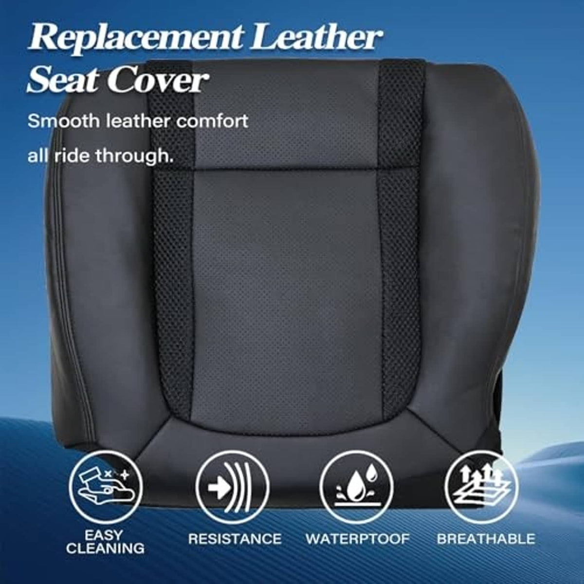 Black leather-style replacement seat cover with perforated center insert and piping