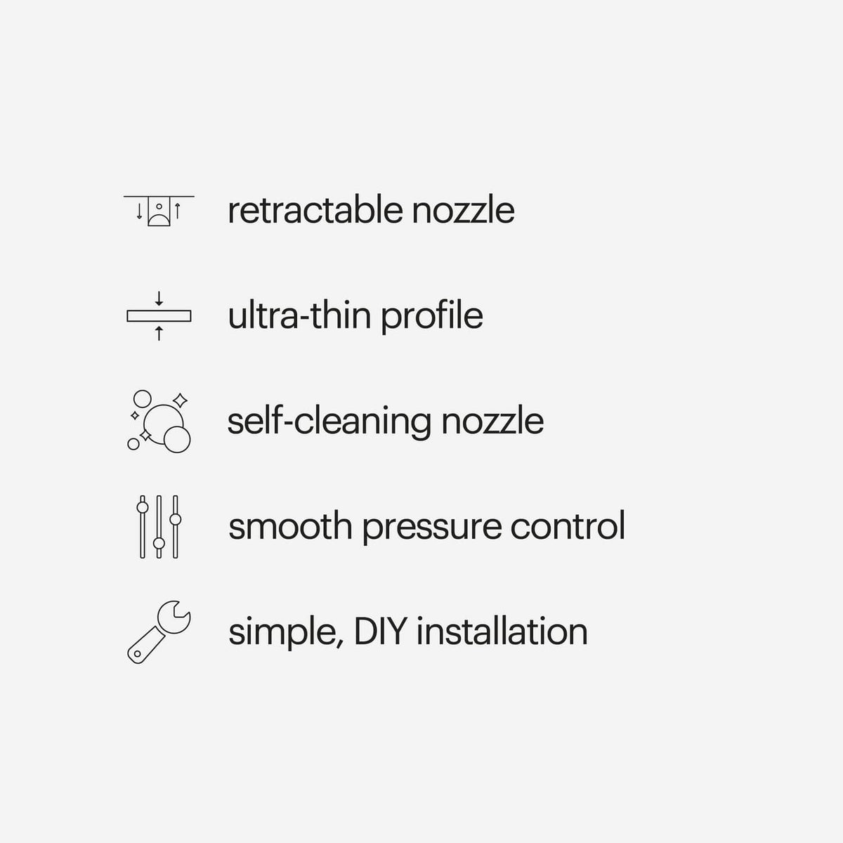 Brondell SimpleSpa SS-150 feature icons: retractable nozzle, self-cleaning