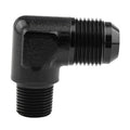 90-degree AN to NPT male fitting adapter with black finish and visible threads
