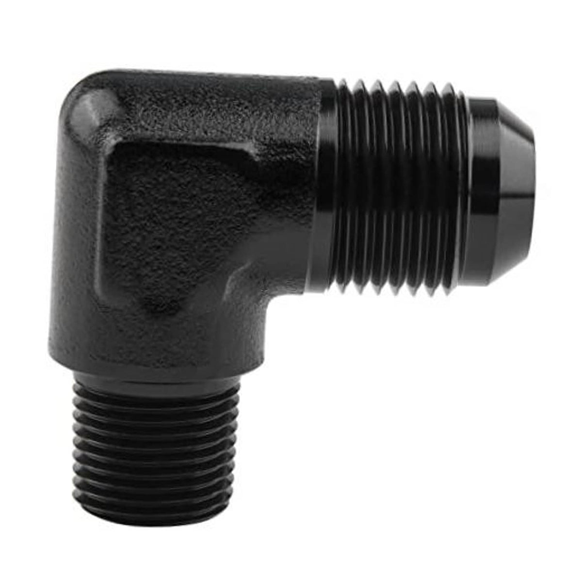 90-degree AN to NPT male fitting adapter with black finish and visible threads