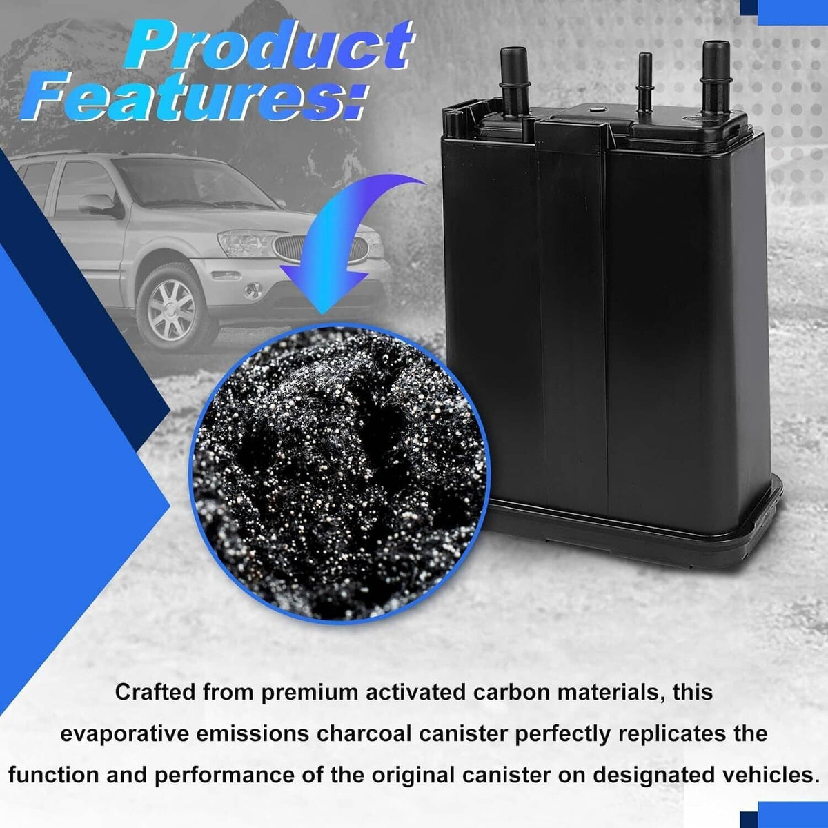 Black fuel vapor canister with multiple top fittings and rounded bottom base