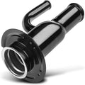 Fuel tank filler neck pipe with black flange and silver fuel inlet opening