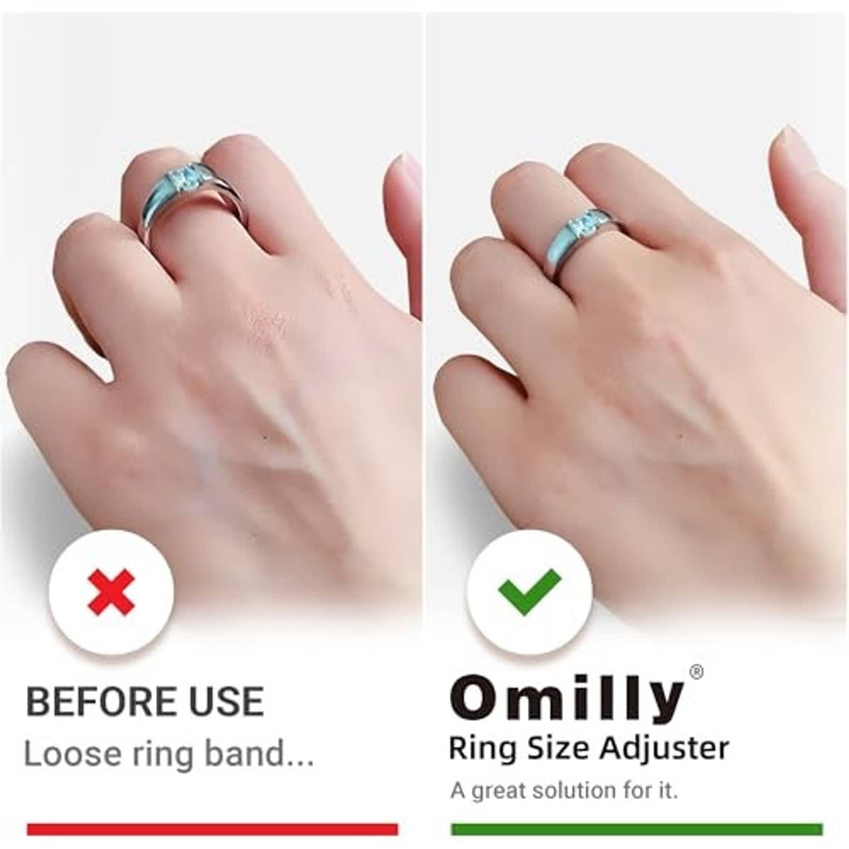 Silicone ring size adjuster on finger, before and after fit adjustment