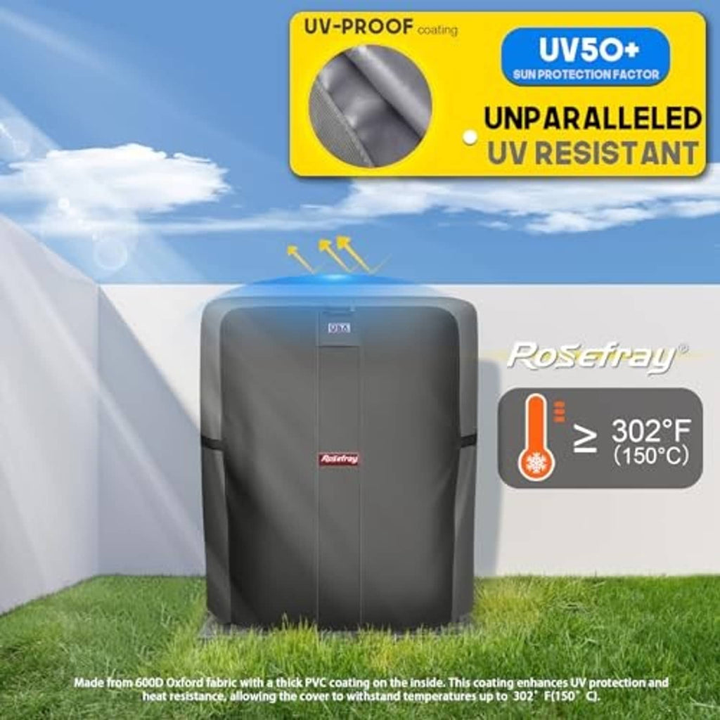Gray waterproof air conditioner cover with reinforced fabric and UV-resistant coating