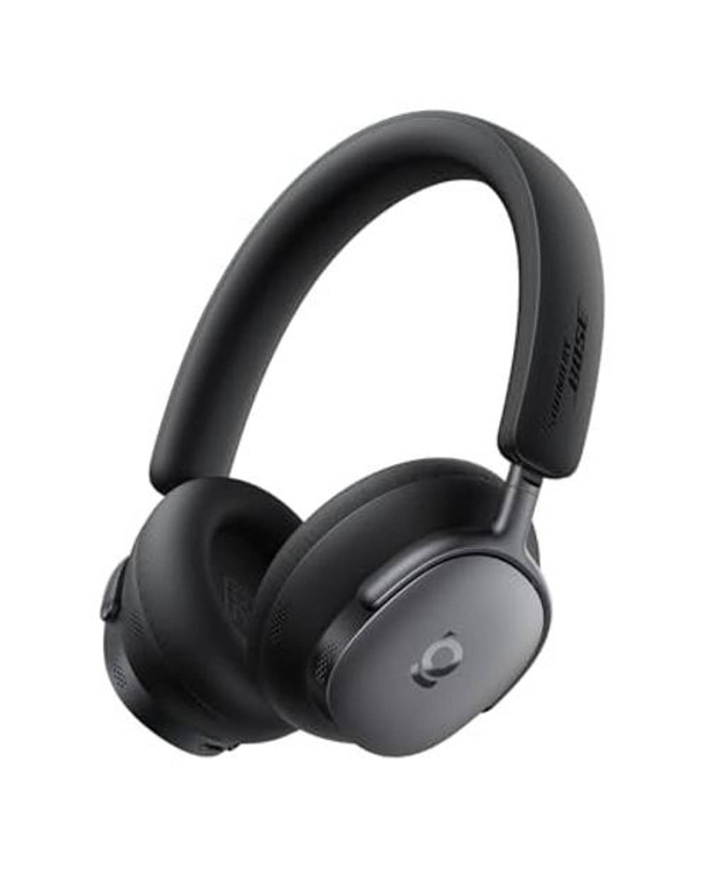 Charcoal over-ear wireless noise-cancelling headphones, side view with padded earcups