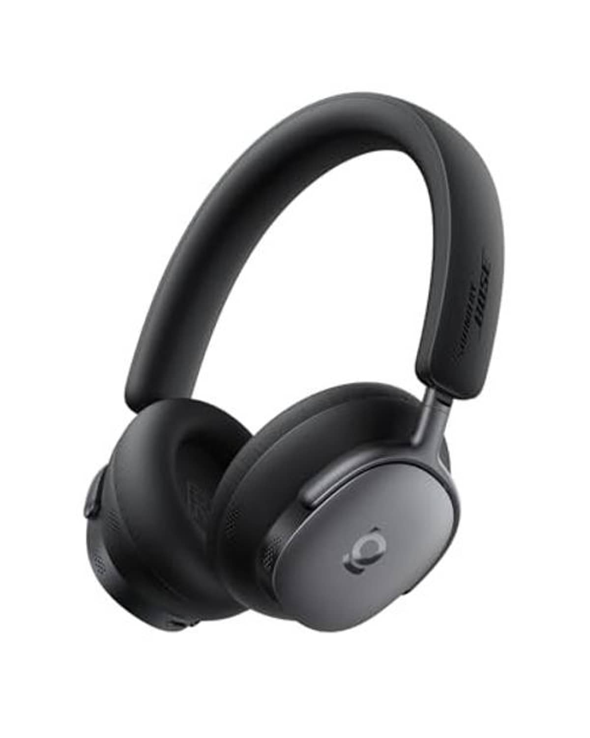 Charcoal over-ear wireless noise-cancelling headphones, side view with padded earcups