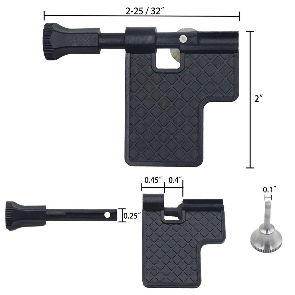Pivot pin install tool shown with size diagram, black handle and textured base.
