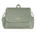 Sage green quilted diaper backpack with flap and side clips, medium size