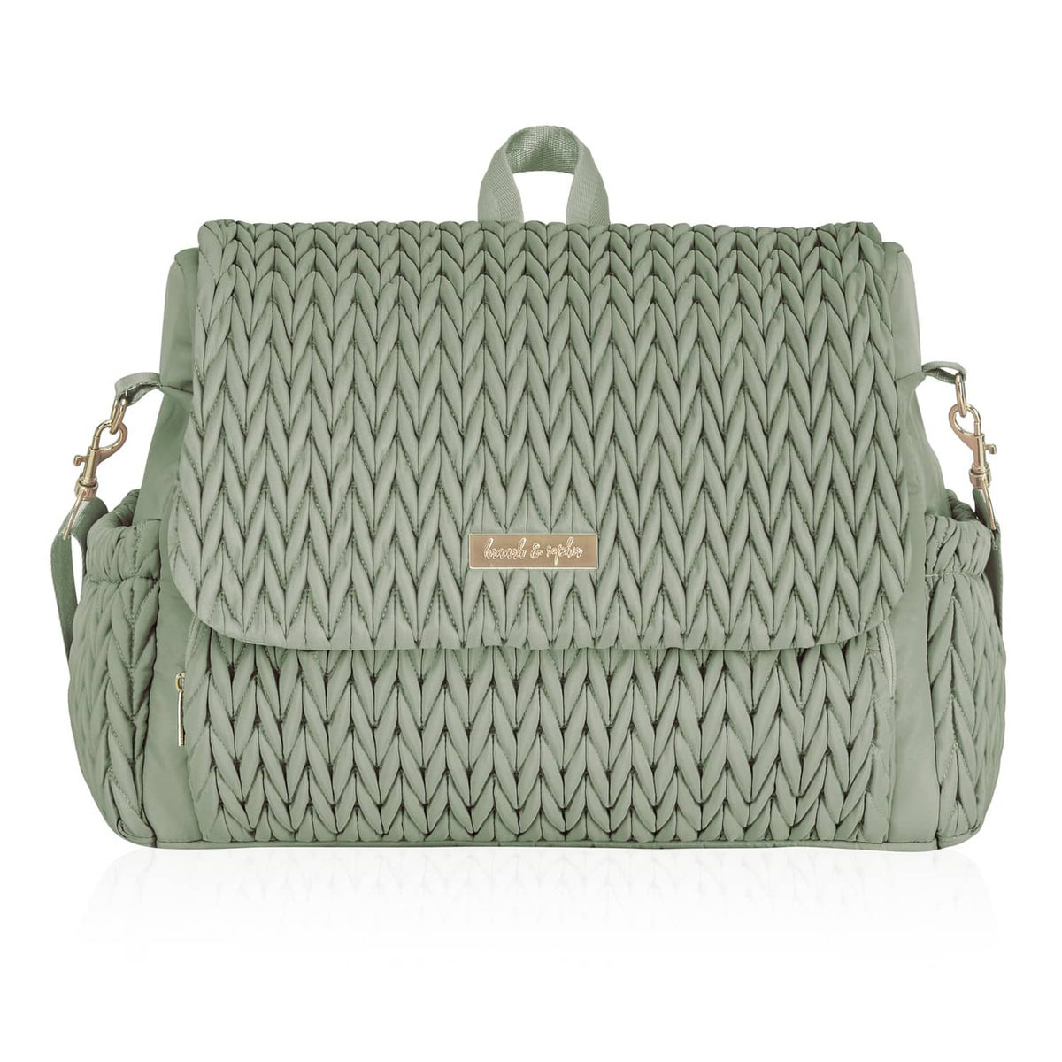Sage green quilted diaper backpack with flap and side clips, medium size