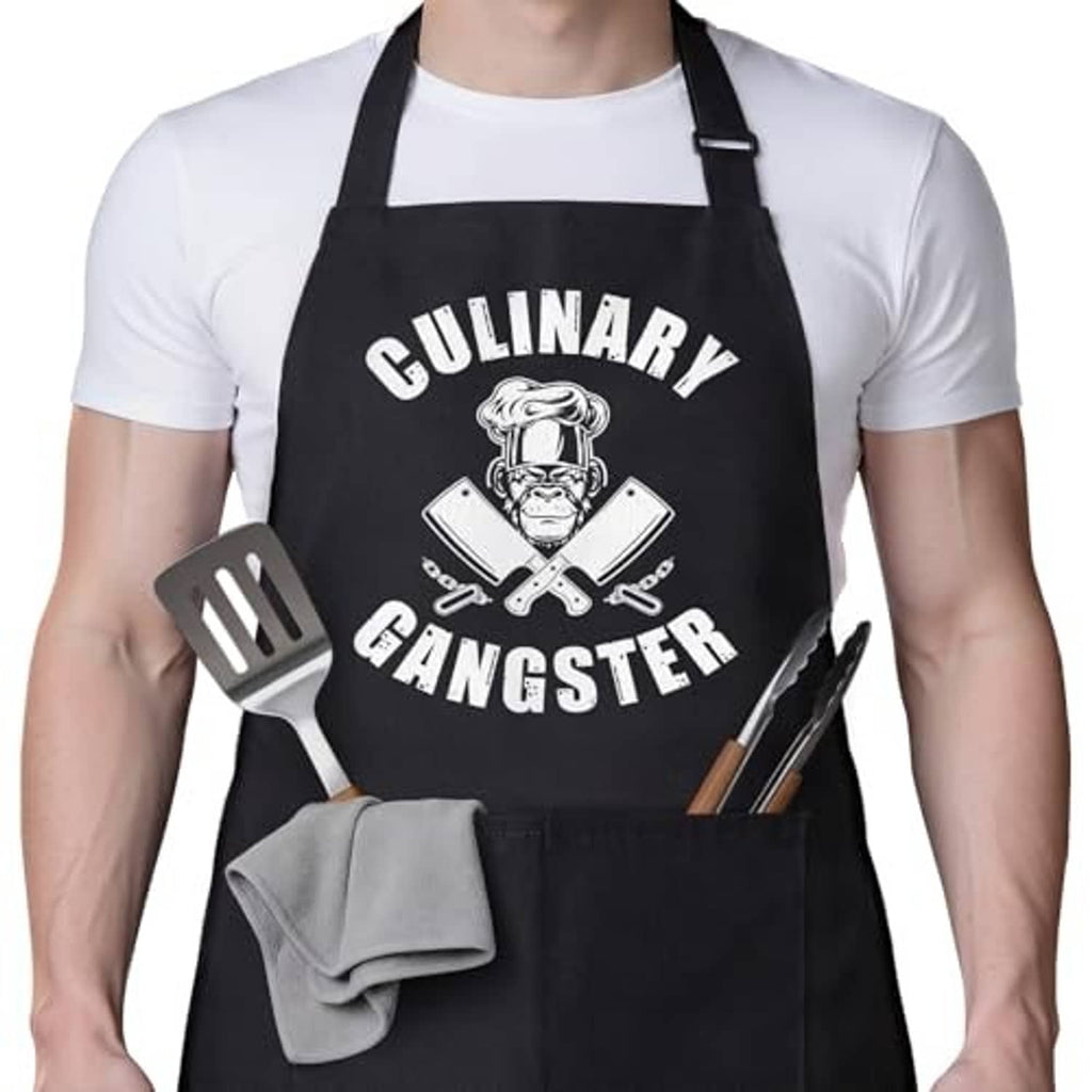 Black cooking apron with 'Culinary Gangster' logo and chef crossbones emblem, chest bib