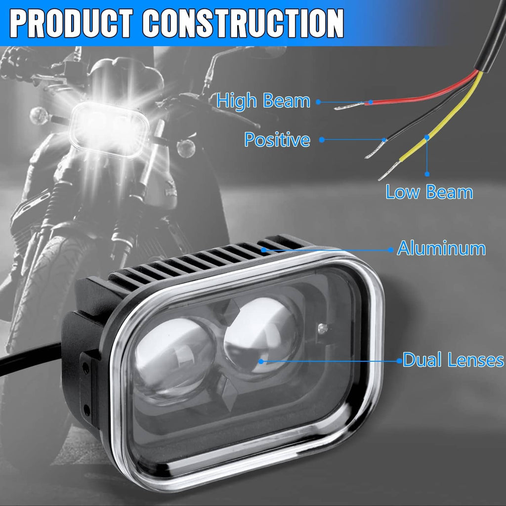 LED driving light with dual lenses in rectangular clear housing, angled view