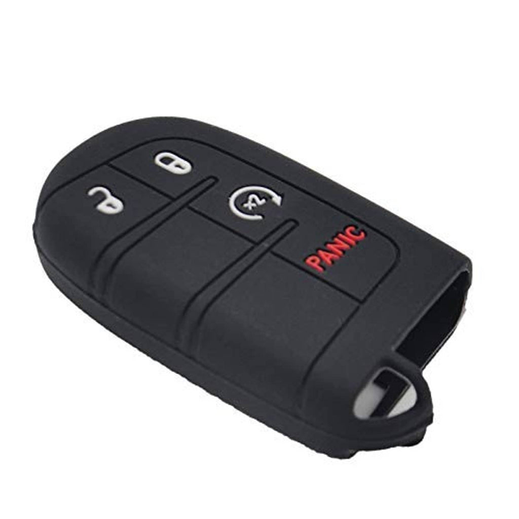 Black silicone key fob cover with buttons and red PANIC, keyring cutout visible
