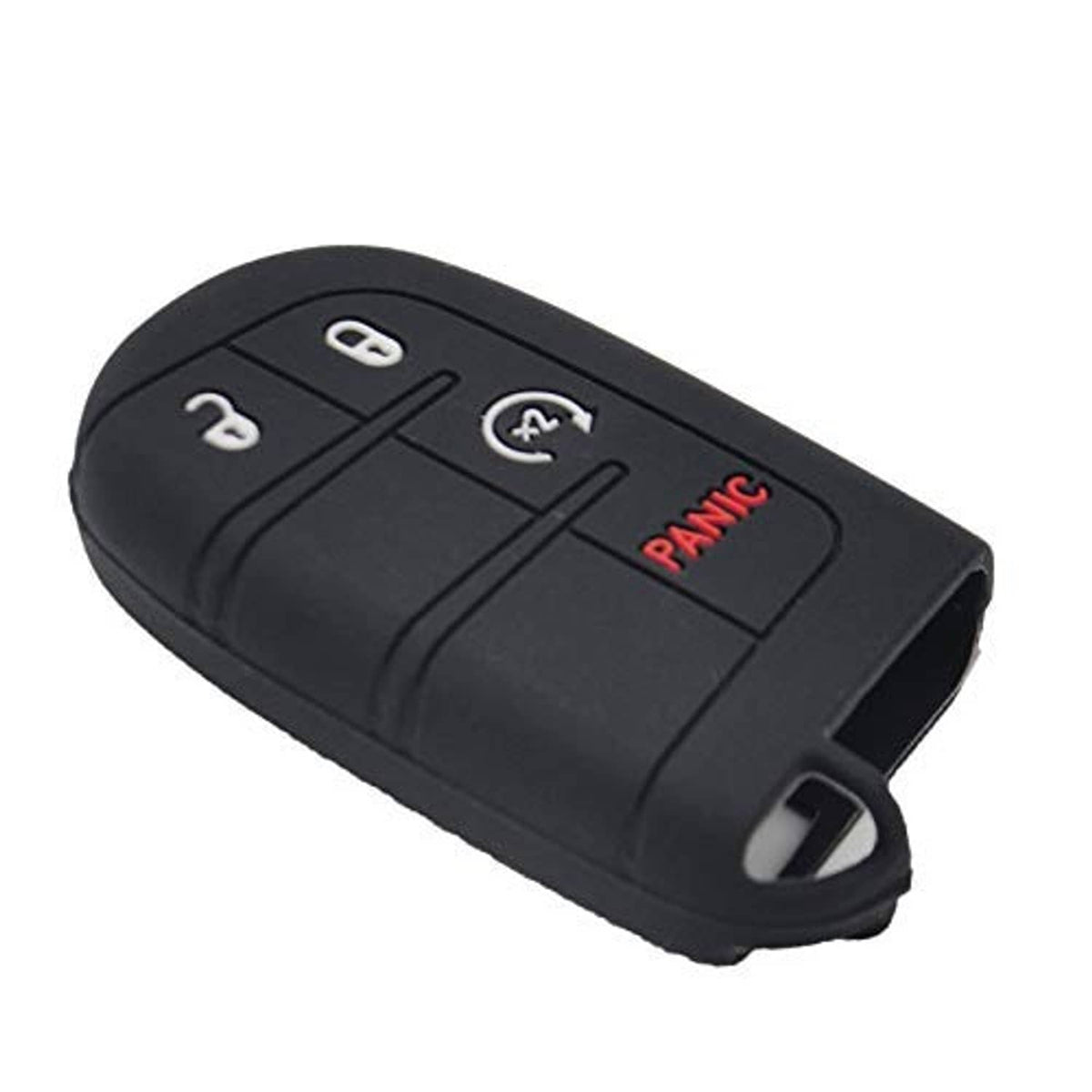 Black silicone key fob cover with buttons and red PANIC, keyring cutout visible