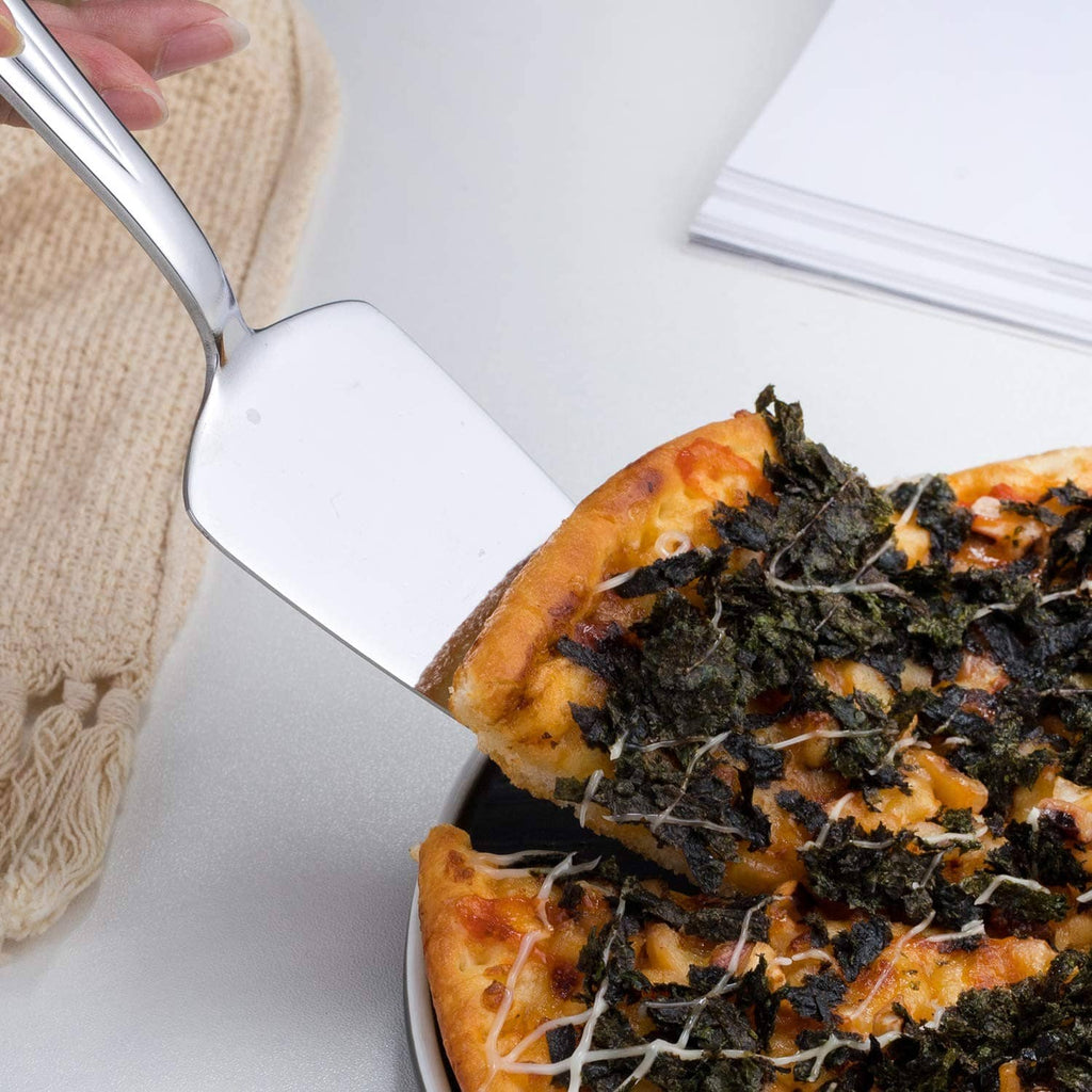 Pie cake server lifting a pizza slice with white triangular blade and stainless handle