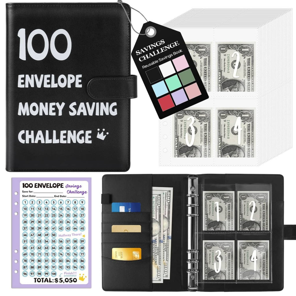 Black A5 100-envelope binder set with challenge tracker and ring binder cash slots
