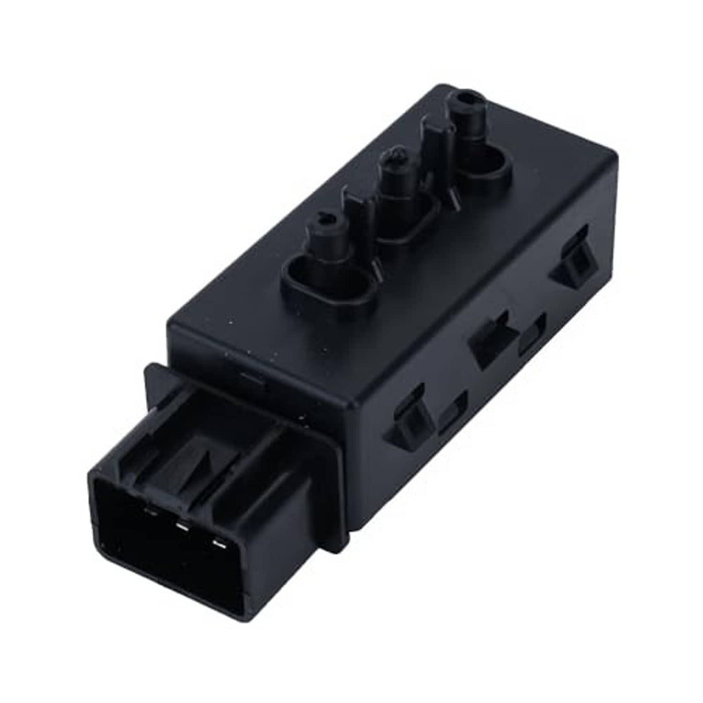 Black power seat switch module with pin sockets and rectangular wiring openings